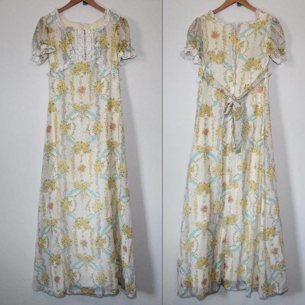 Vintage Floral Prairie Peasant Lace Maxi Dress Bridgeton Ivory Women's 13 H14102 - Picture 1 of 11
